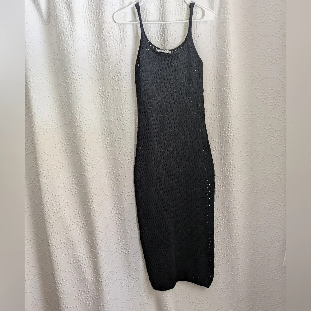 Lusana Open Knit‎ Crochet Black Midi Dress Cover-up With Slit Women's Small
